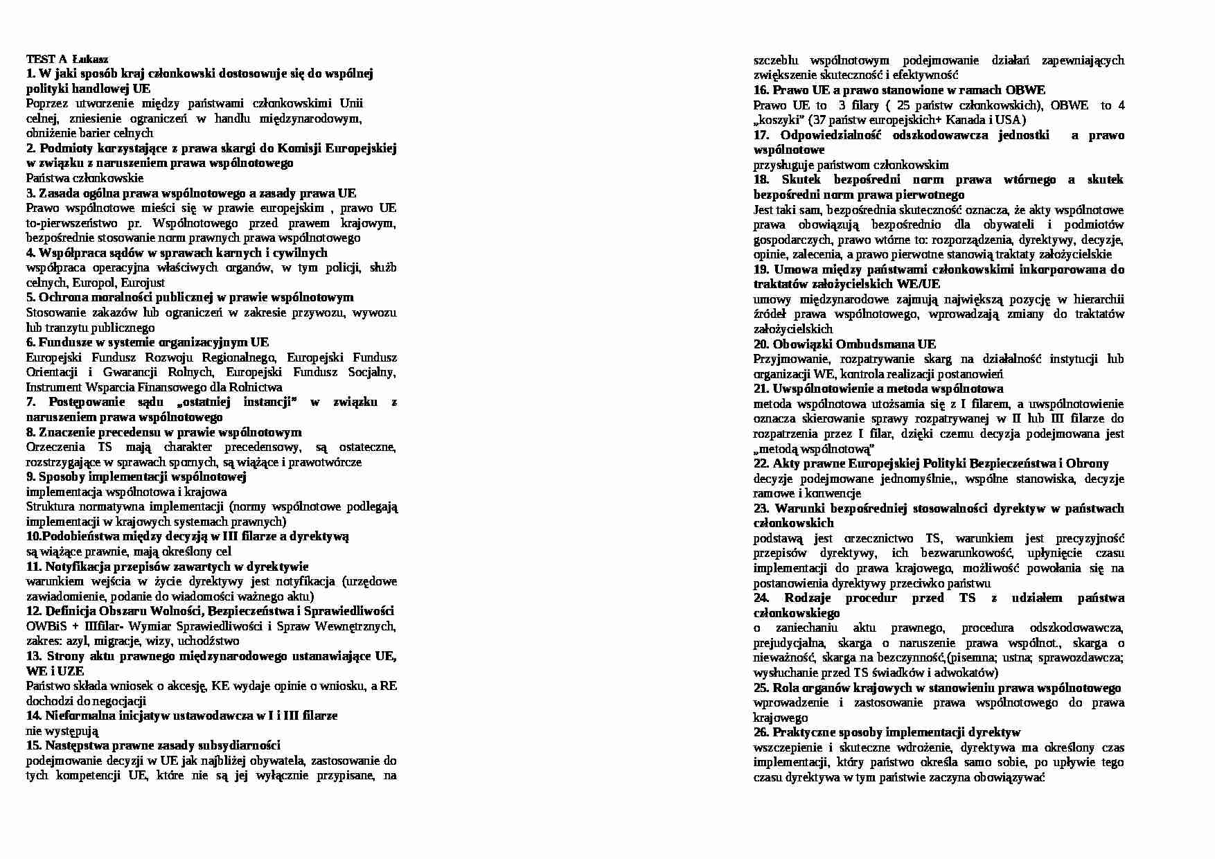 Prawo gospodarcze UE - Test - strona 1