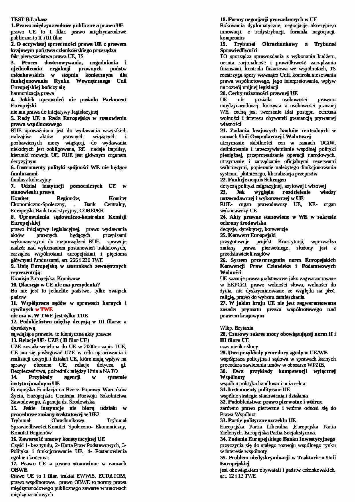 Prawo gospodarcze UE - Test 1 - strona 1