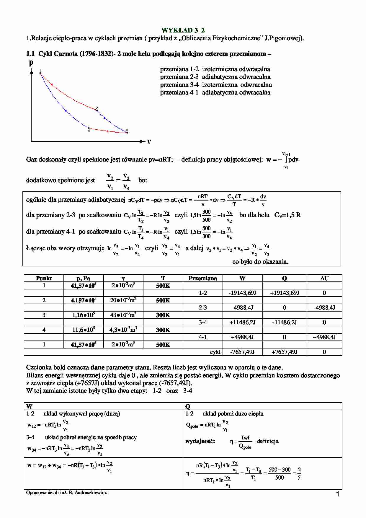 Wykład - Relacje ciepło-praca w cyklach przemian - strona 1