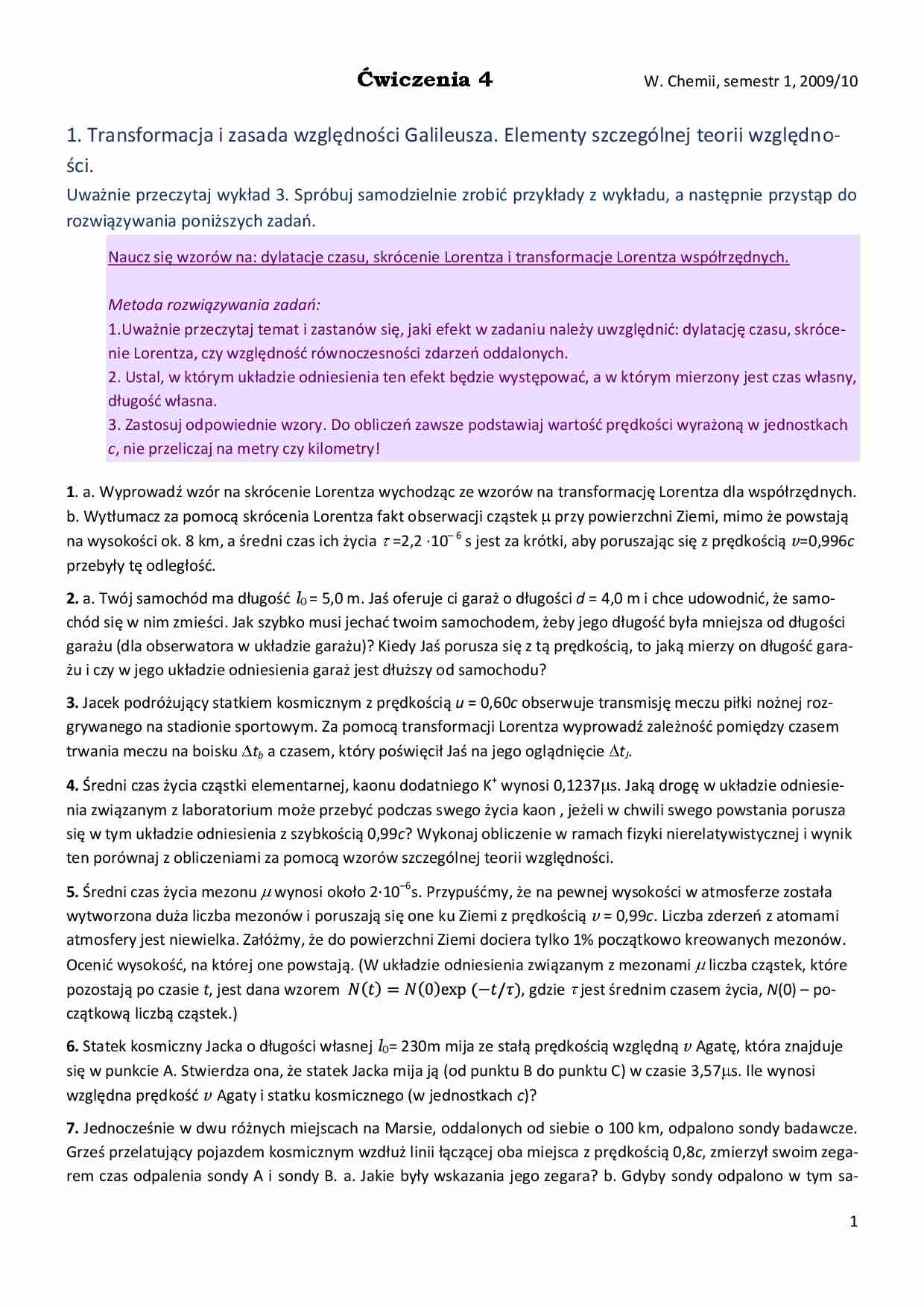 Ćwiczenia -  Transformacja i zasada względności Galileusza - strona 1