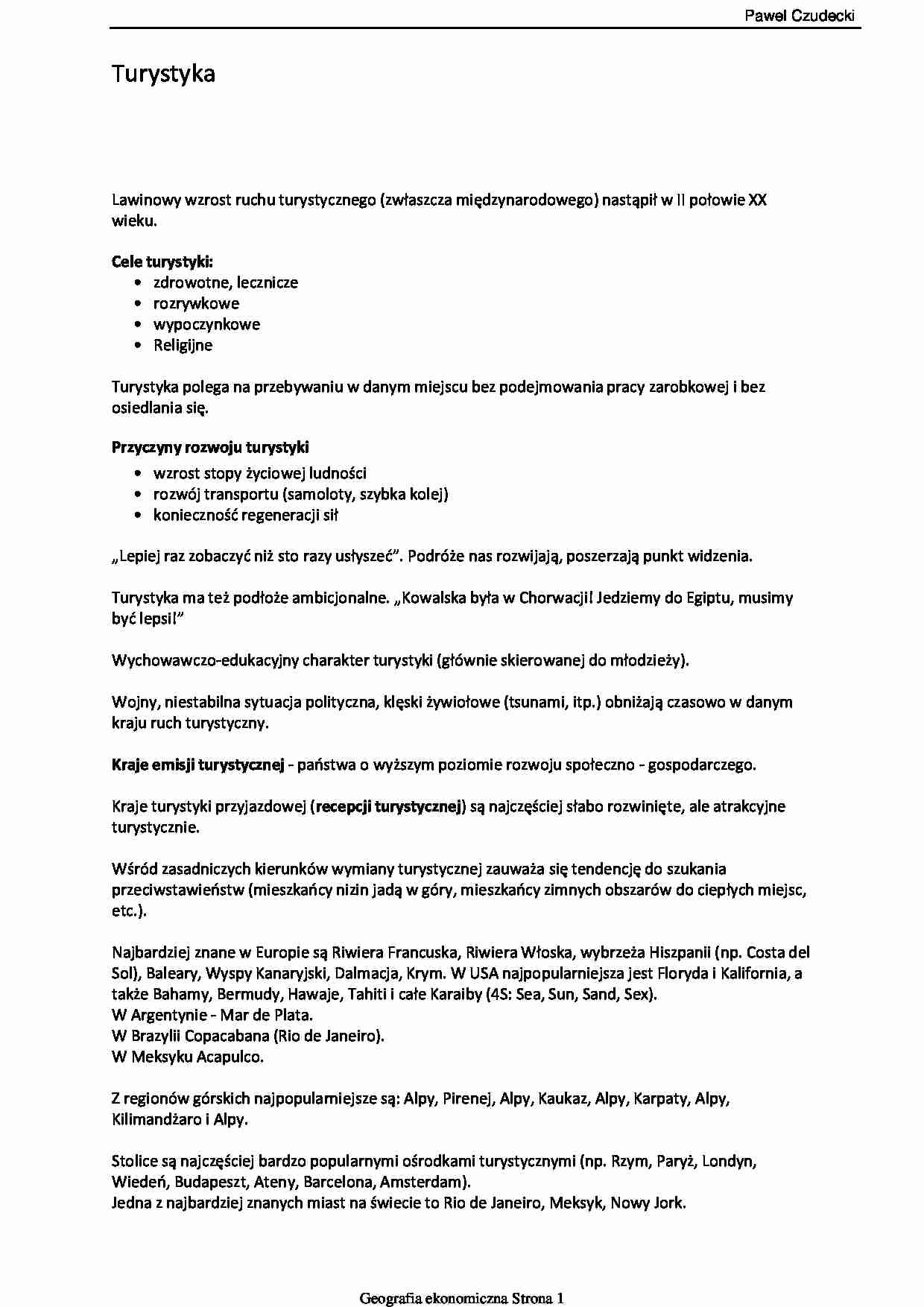 Geografia ekonomiczna - Turystyka - WYKŁAD - strona 1