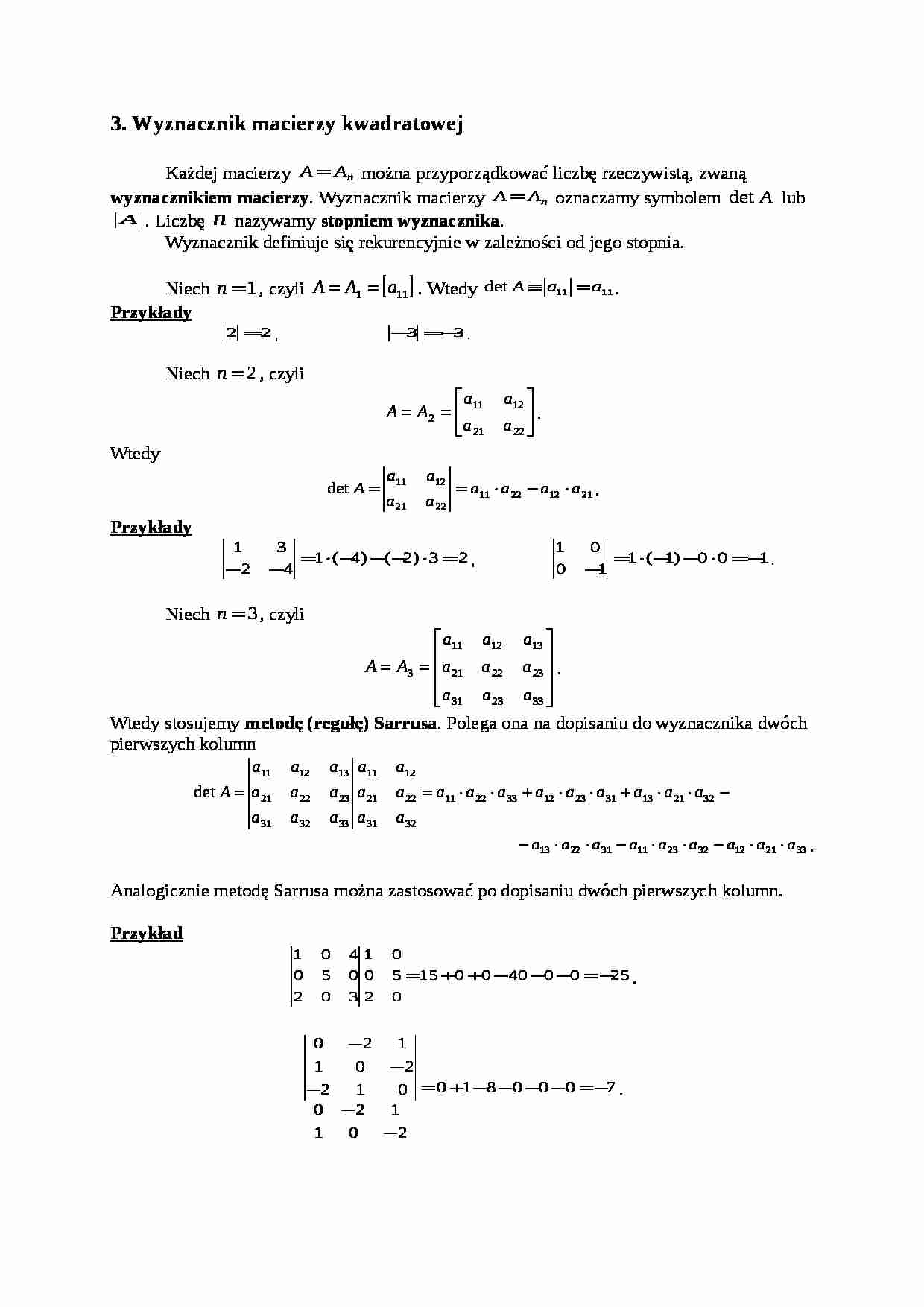 Ćwiczenia -  Wyznacznik macierzy kwadratowej - strona 1