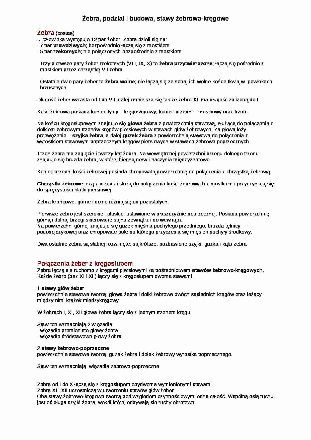 Żebra, podział i budowa, stawy żebrowo-kręgowe - wykład - strona 1