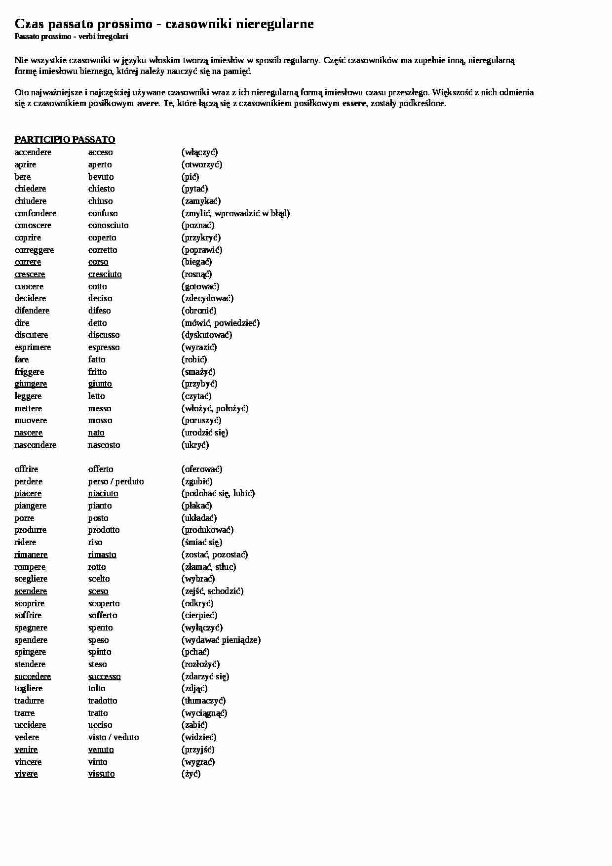 Czas passato prossimo - czasowniki nieregularne - wykład - strona 1