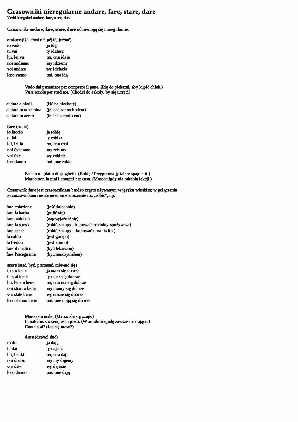 Czasowniki nieregularne andare, fare, stare, dare - wykład - strona 1