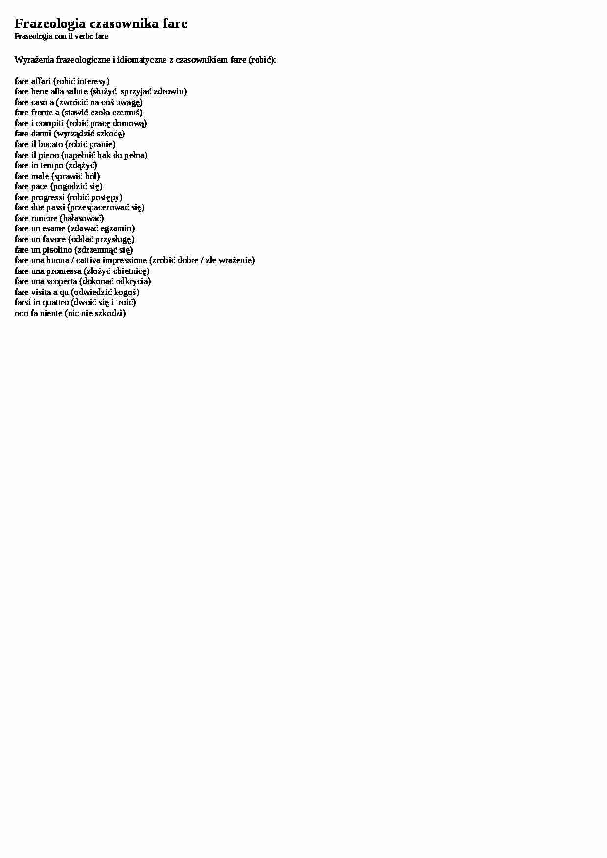 Frazeologia czasownika fare - wykład - strona 1