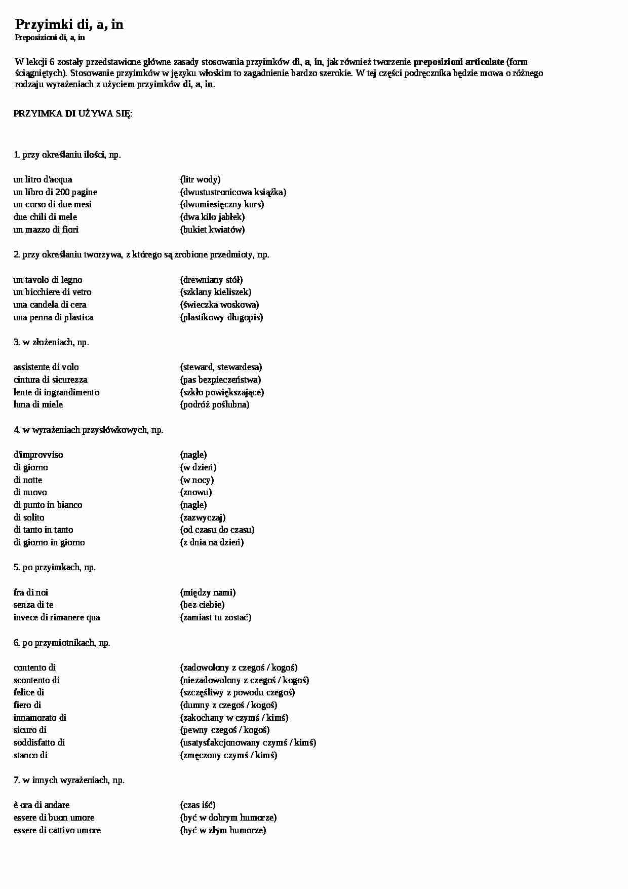Przyimki di, a, in - wykład - strona 1