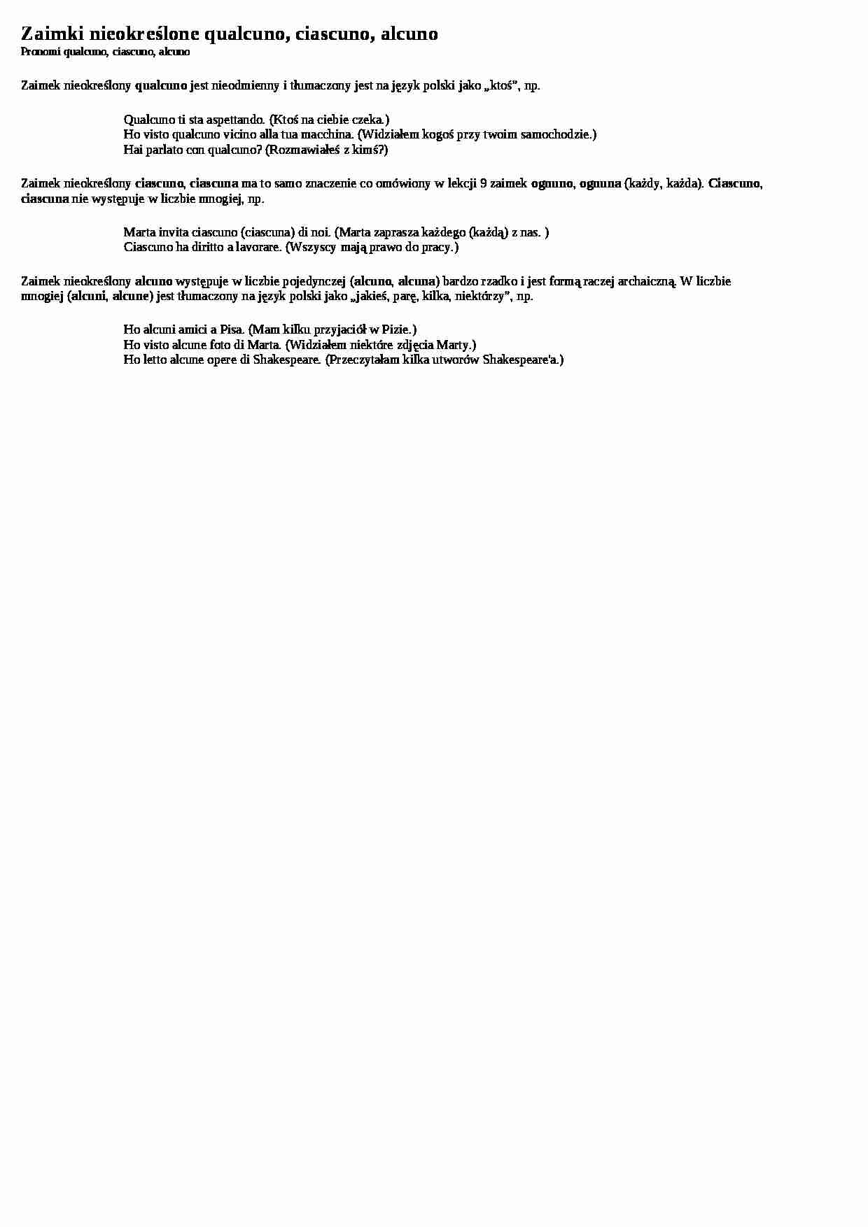 Zaimki nieokreślone qualcuno, ciascuno, alcuno - wykład - strona 1