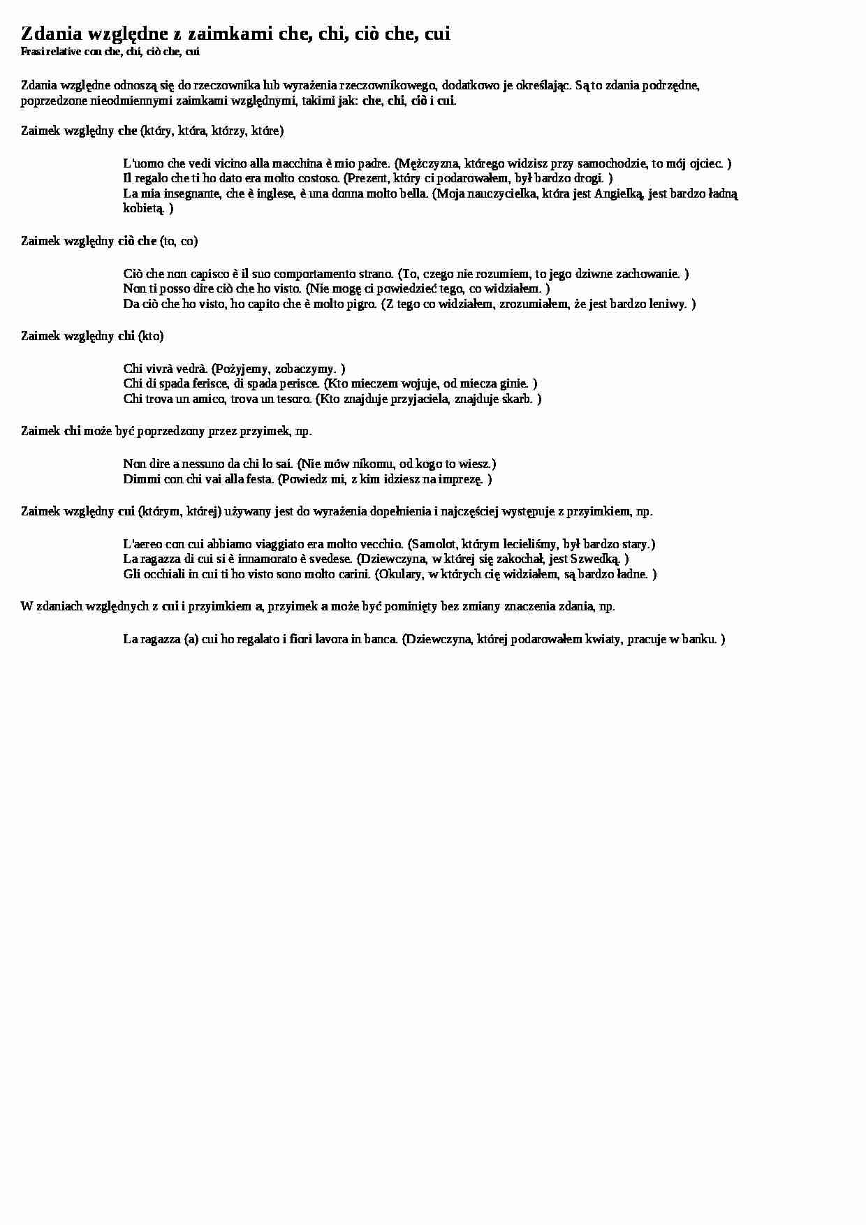 Zdania względne z zaimkami che, chi, ciĽ che, cui - wykład - strona 1