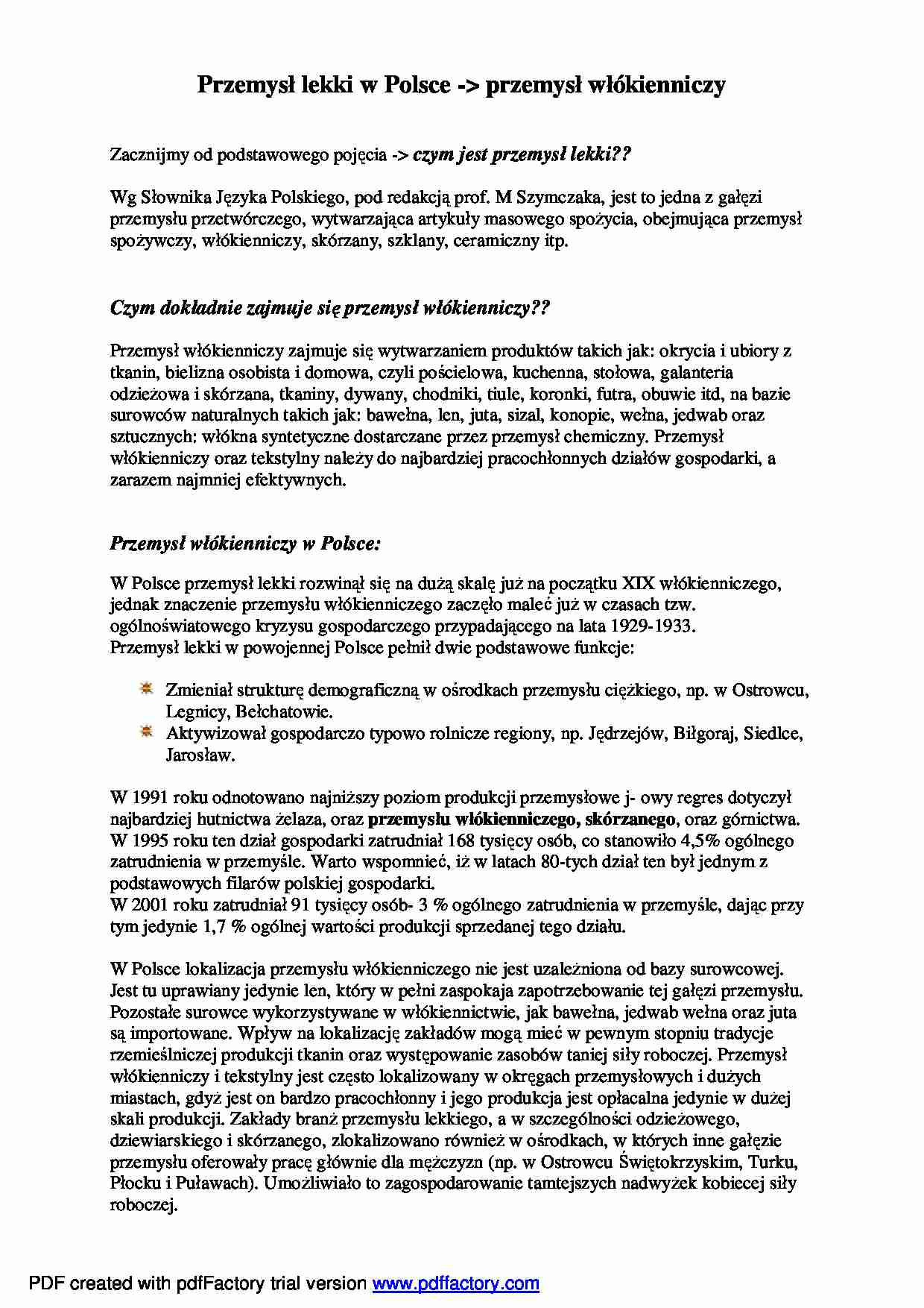 Przemysł lekki w Polsce - przemysł włókienniczy - wykład - strona 1