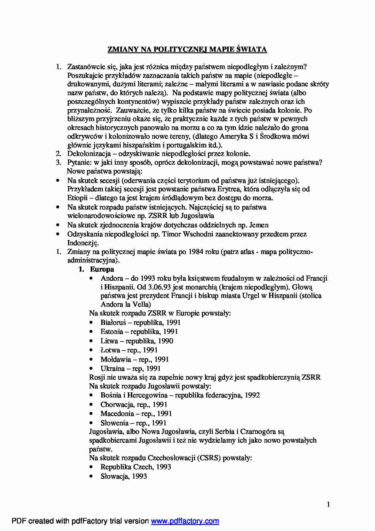 Zmiany na politycznej mapie świata - wykład - strona 1