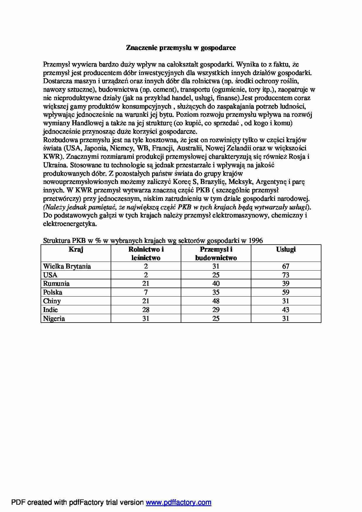 Znaczenie przemysłu w gospodarce - wykład - strona 1