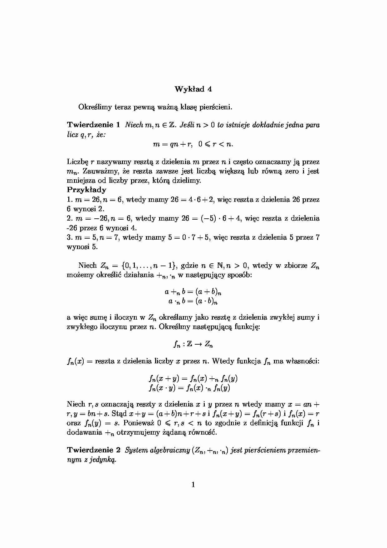 pierścienie -  Wykład 4 - strona 1