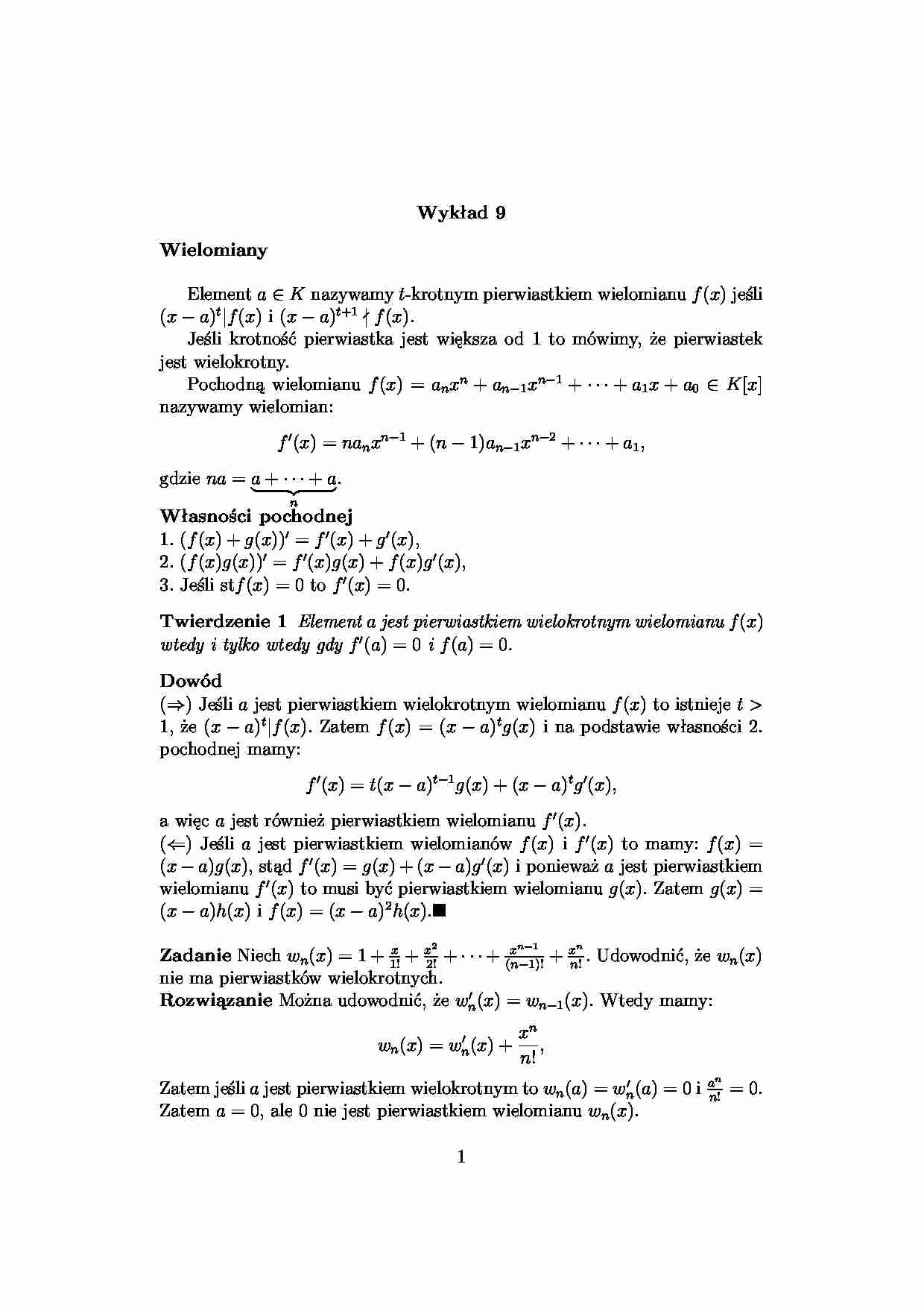 wielomiany -  Wykład 9 - strona 1
