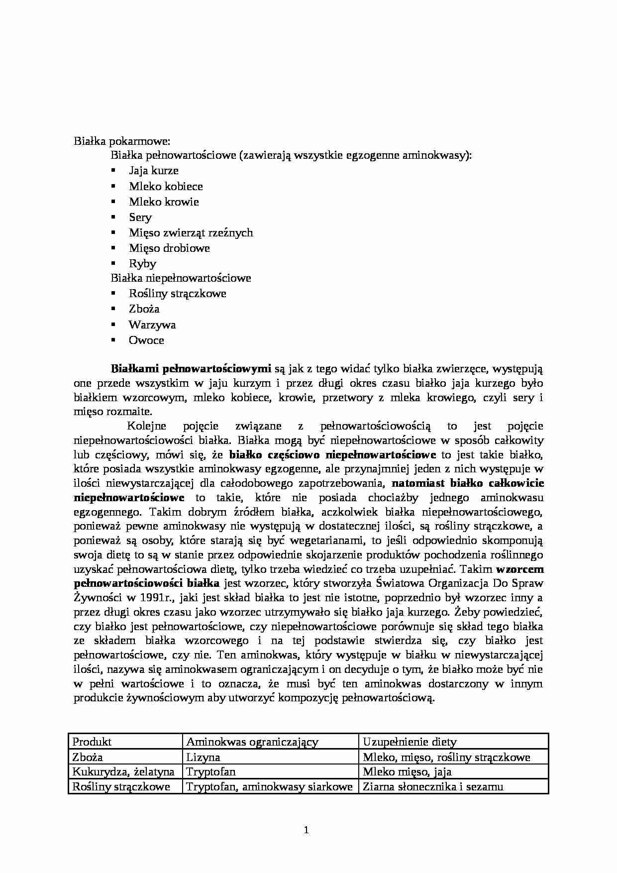 Białka pokarmowe - wykład - strona 1