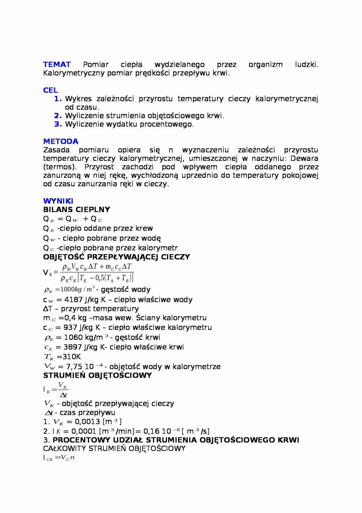  Kalorymetryczny pomiar prędkości przepływu krwi. - strona 1