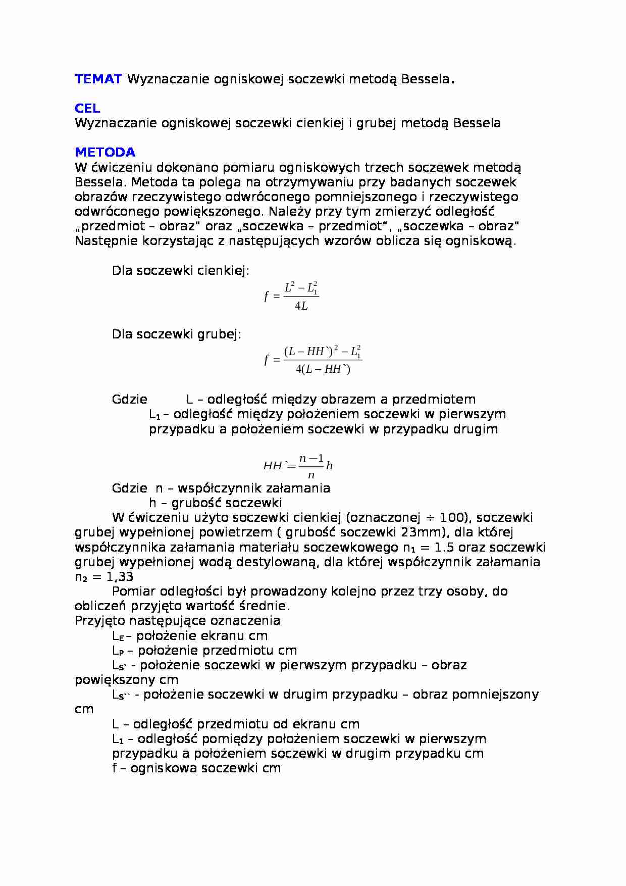 Wyznaczanie ogniskowej soczewki metodą Bessela - strona 1