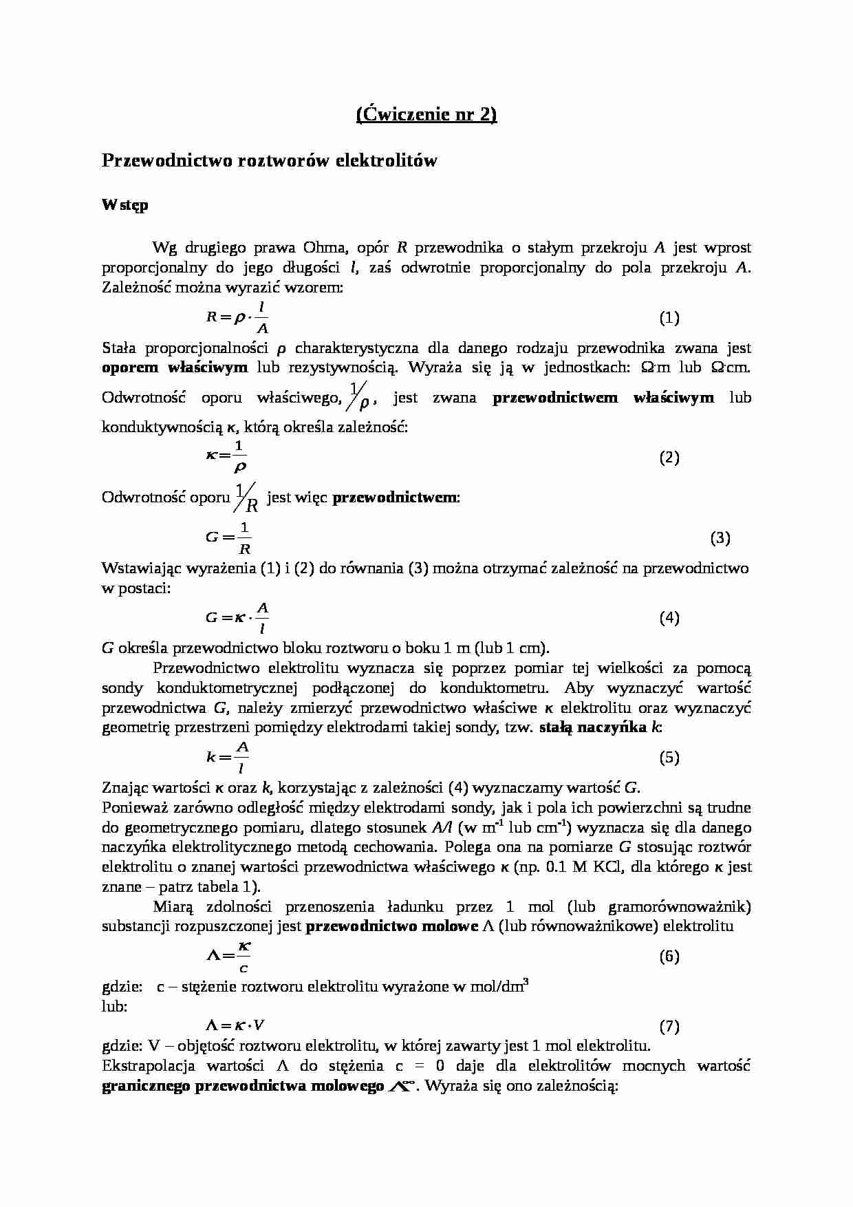 Przewodnictwo elektrolitów - ćwiczenie - strona 1