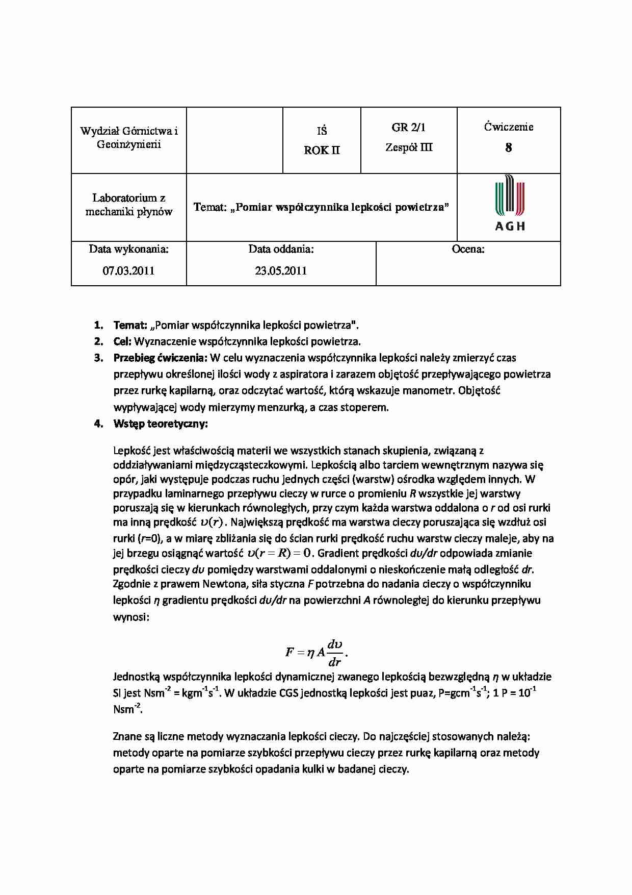 współczynnik lepkośći, LABORATORIUM - strona 1