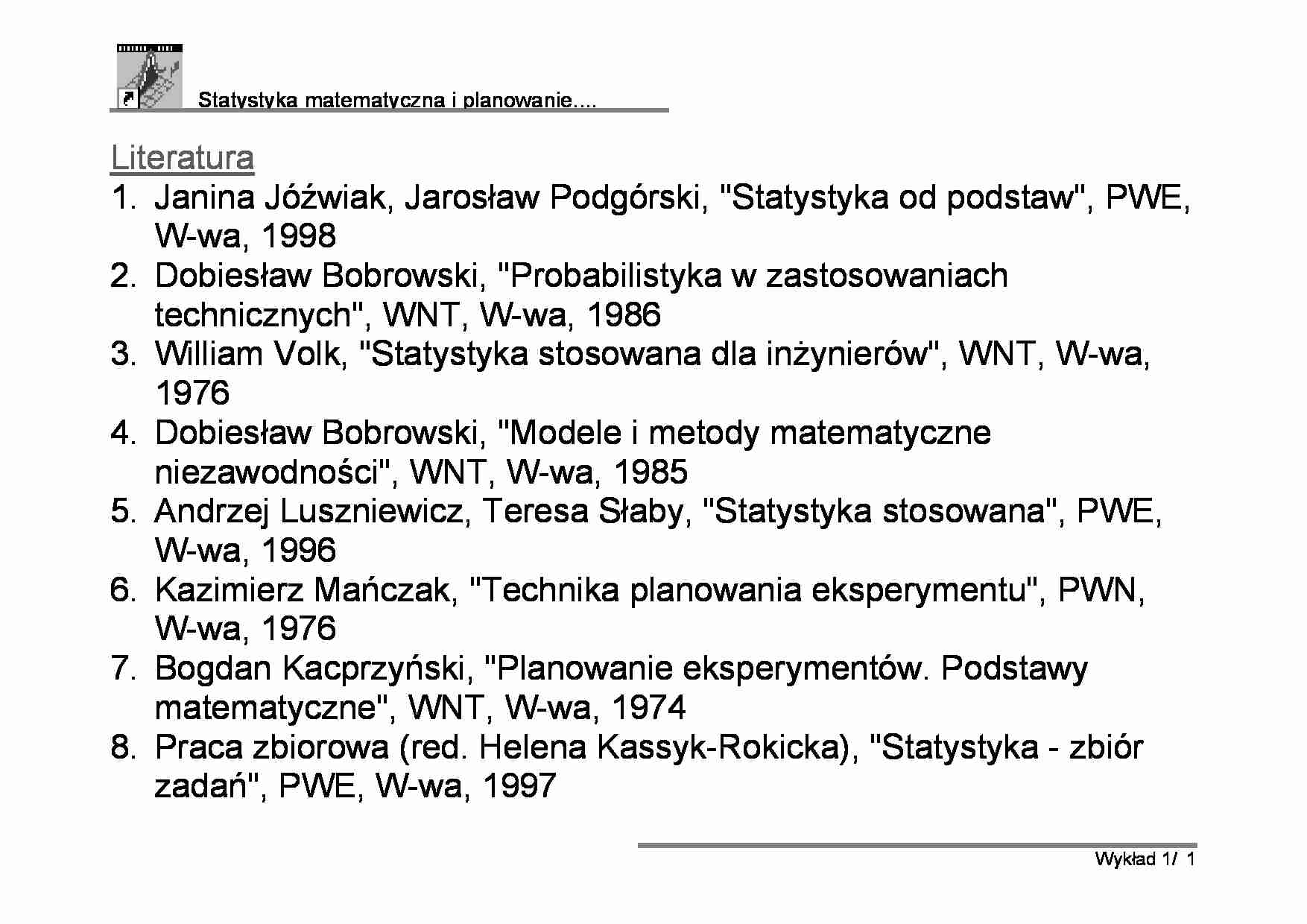 Statystyka matematyczna i planowanie - Wykład 2 - strona 1