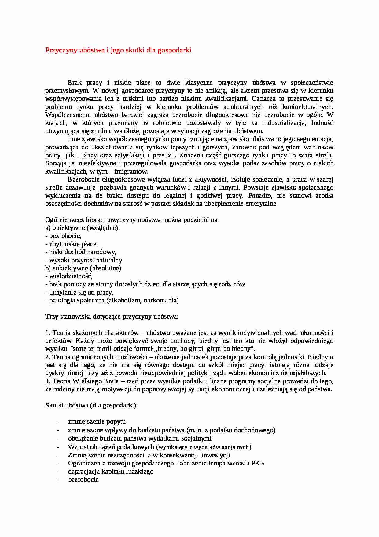 Przyczyny ubóstwa i jego skutki dla gospodarki - strona 1