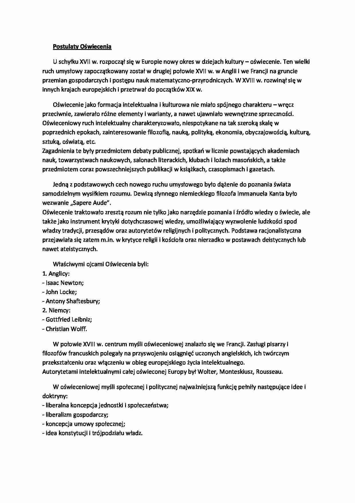 Postulaty oświecenia- Wykład - strona 1