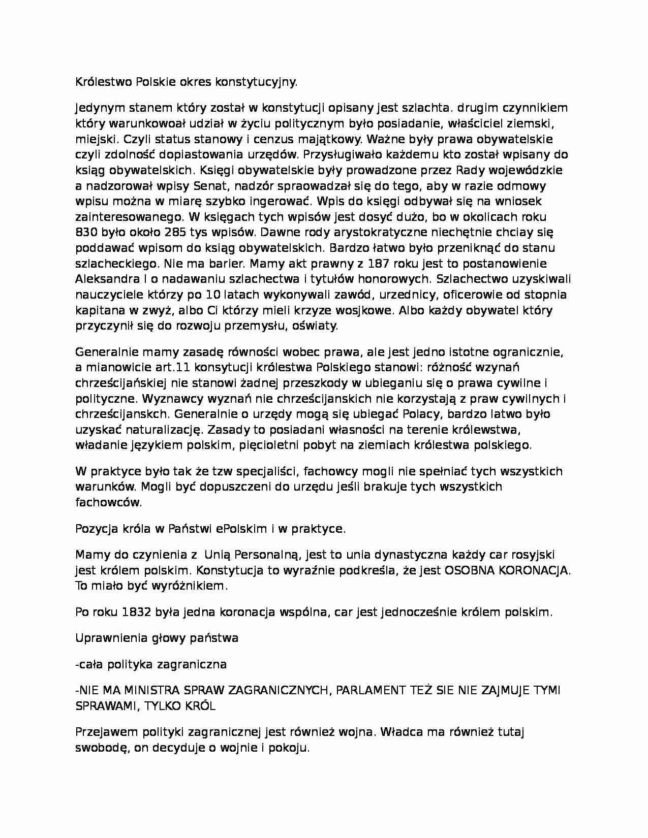 Wykład- Królestwo Polskie okres konstytucyjny, Namiestnik, Rada Stanu, Wódz naczelny, Najwyzsza Izba Obrachunkowa,Prokuratoria Generala - strona 1