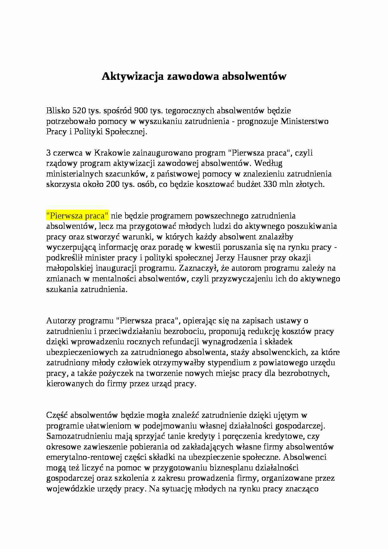Aktywizacja zawodowa absolwentów - strona 1