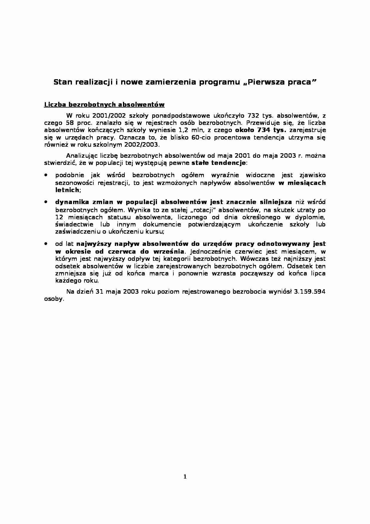 Stan realizacji i nowe zamierzenia programu pierwsza praca - strona 1