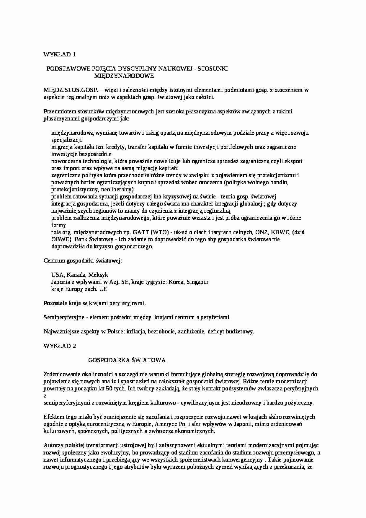 Międzynarodowe stosunki ekonomiczne - Wykłady - strona 1
