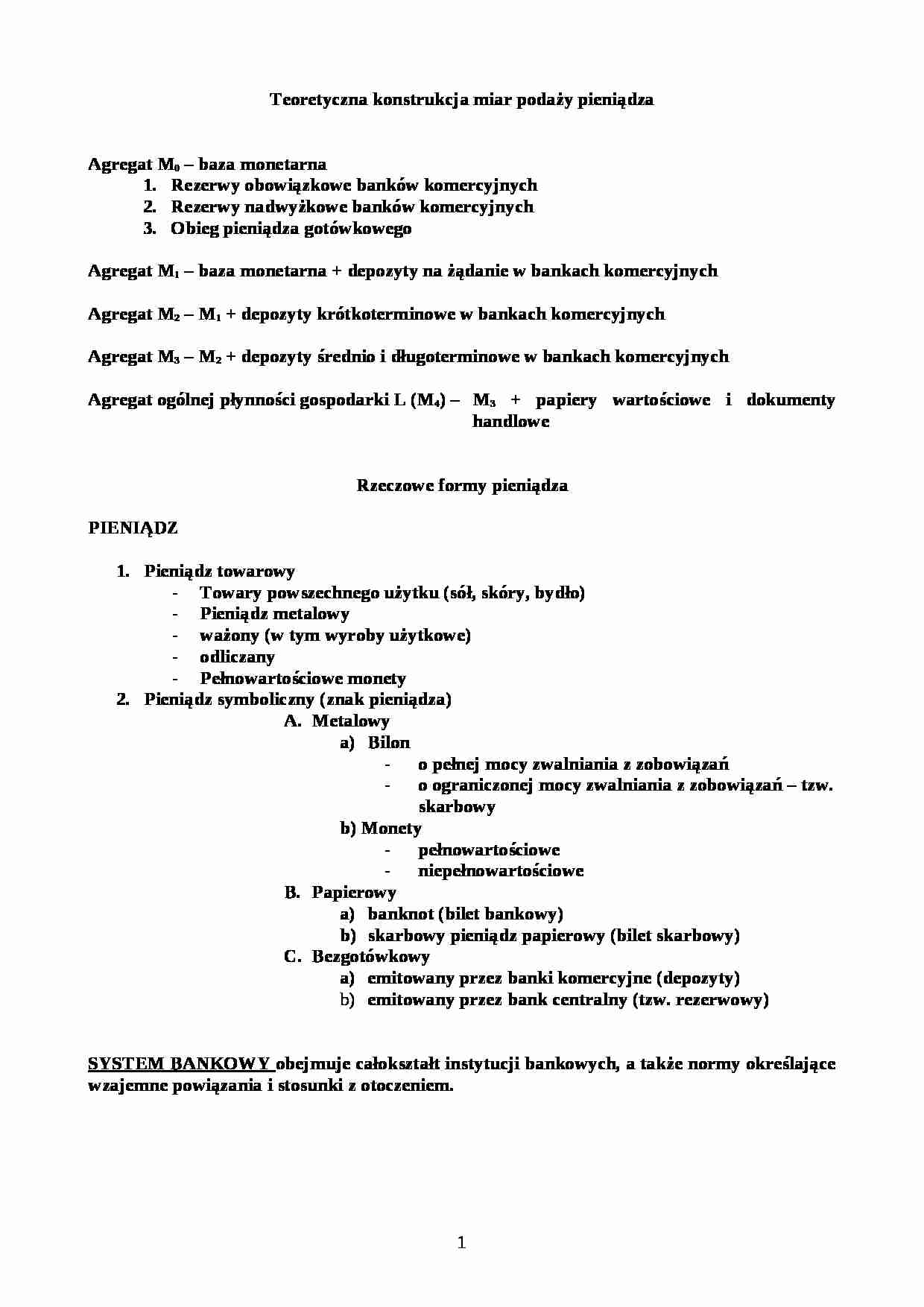 Wykład - teoretyczna konstrukcja miar podaży pieniądza - strona 1