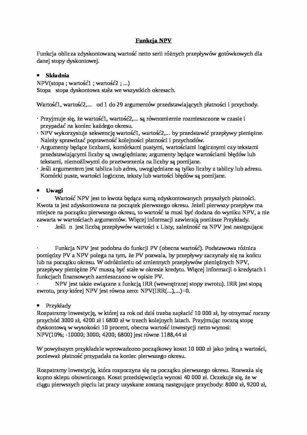 Funkcja NPV i IRR - wykład - strona 1