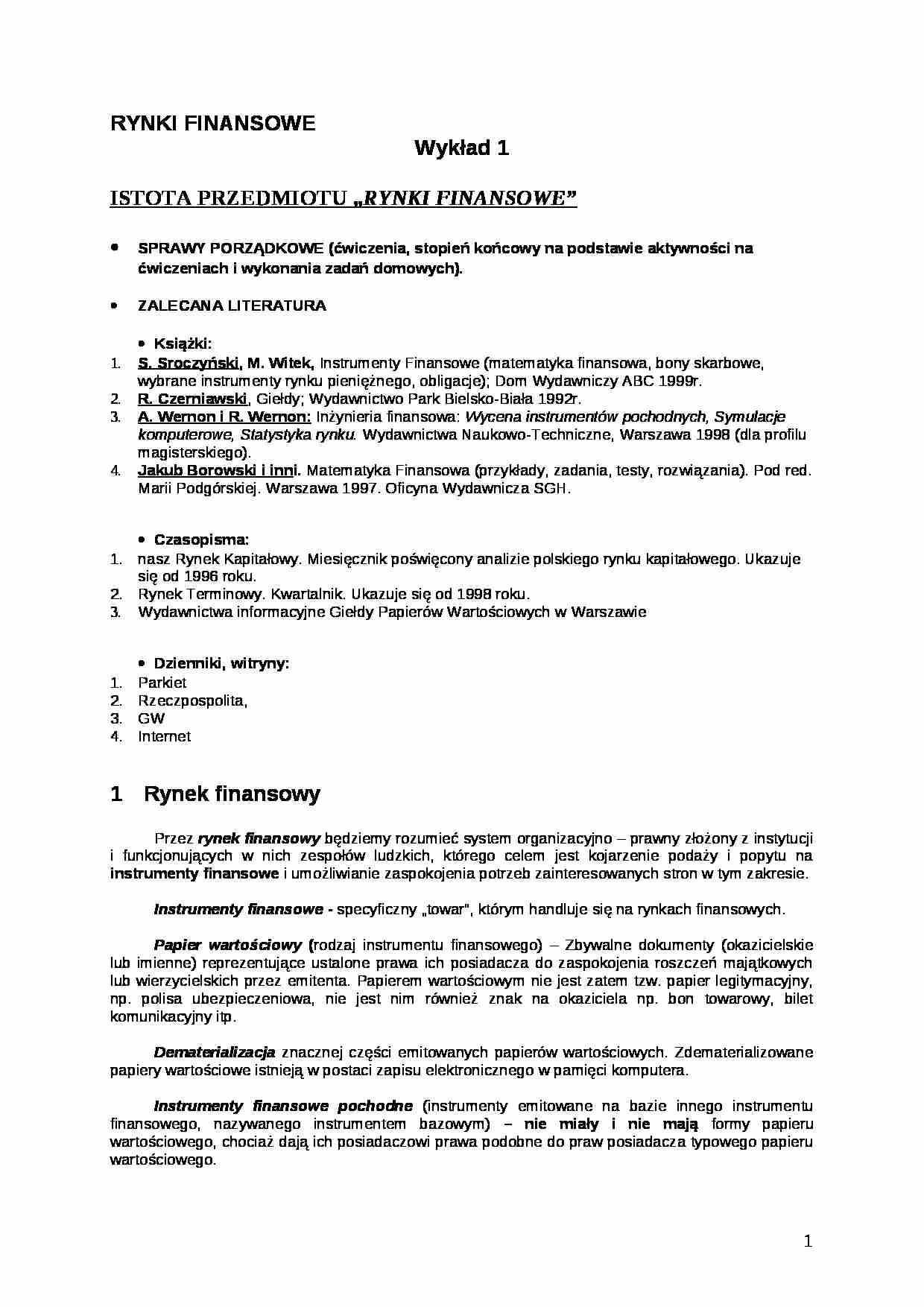 Rynki finansowe - wykład - strona 1