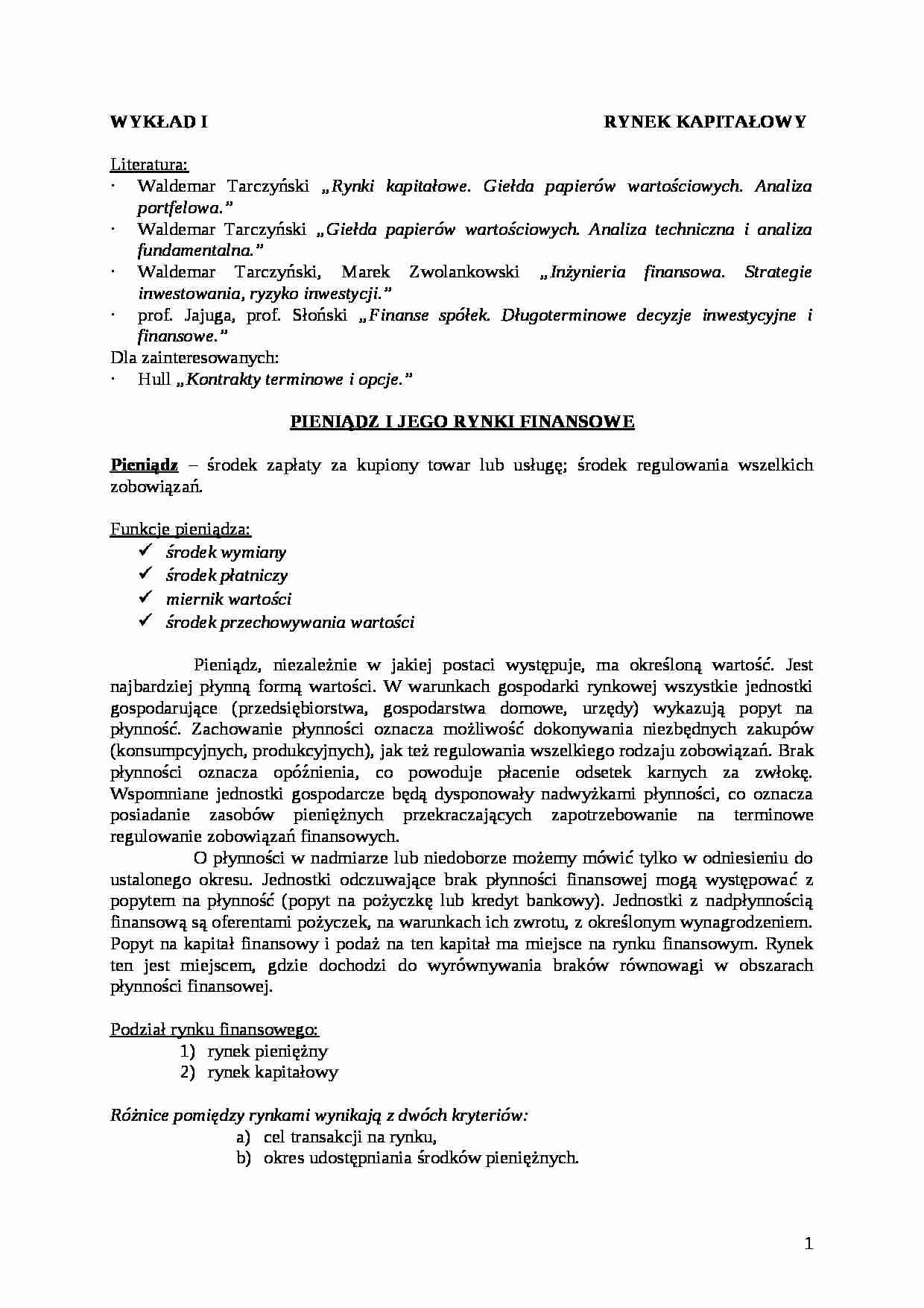 Rynki kapitałowe i finansowe - wykład - strona 1