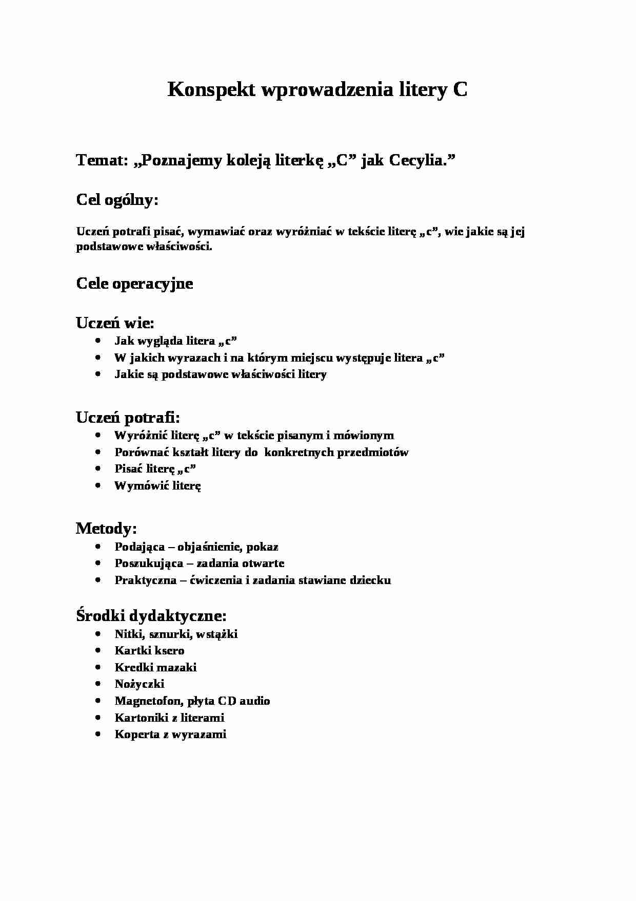 Wprowadzenie litery C - konspekt zajęć - strona 1