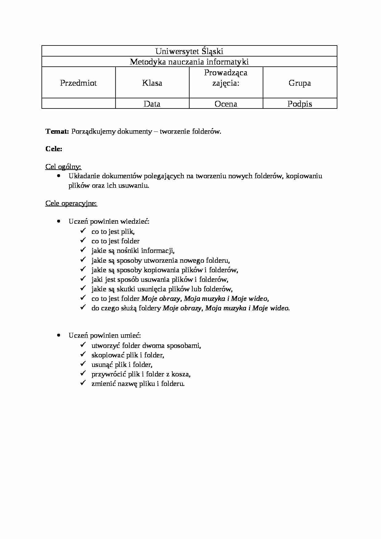 Tworzenie folderów - konspekt zajęć - strona 1