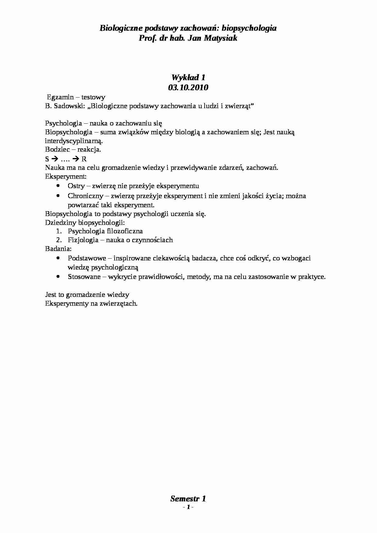 Biologiczne podstawy zachowania - wykłady semestr 1 - strona 1