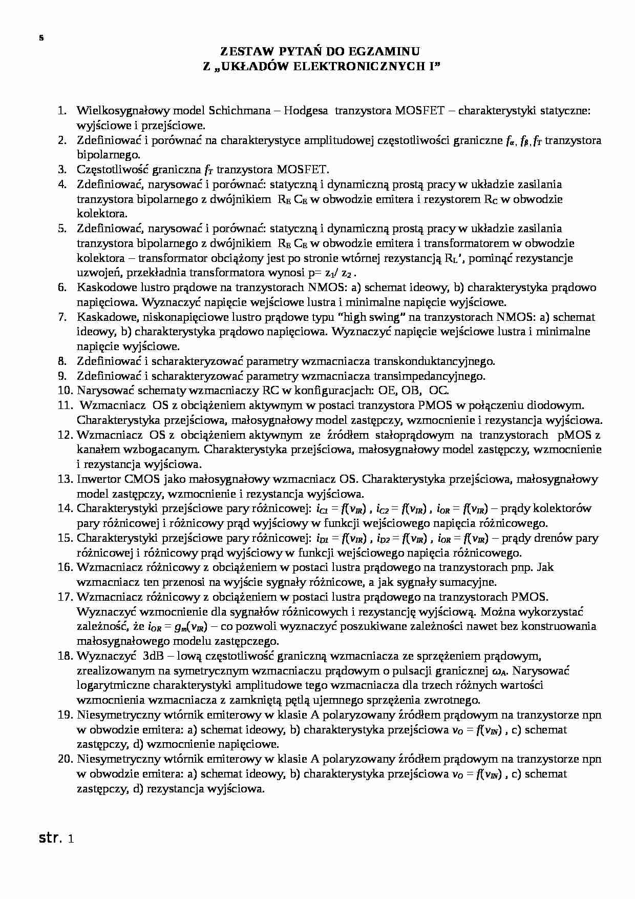 Pytania egzamin 2010 - analogowe układy elektroniczne - strona 1