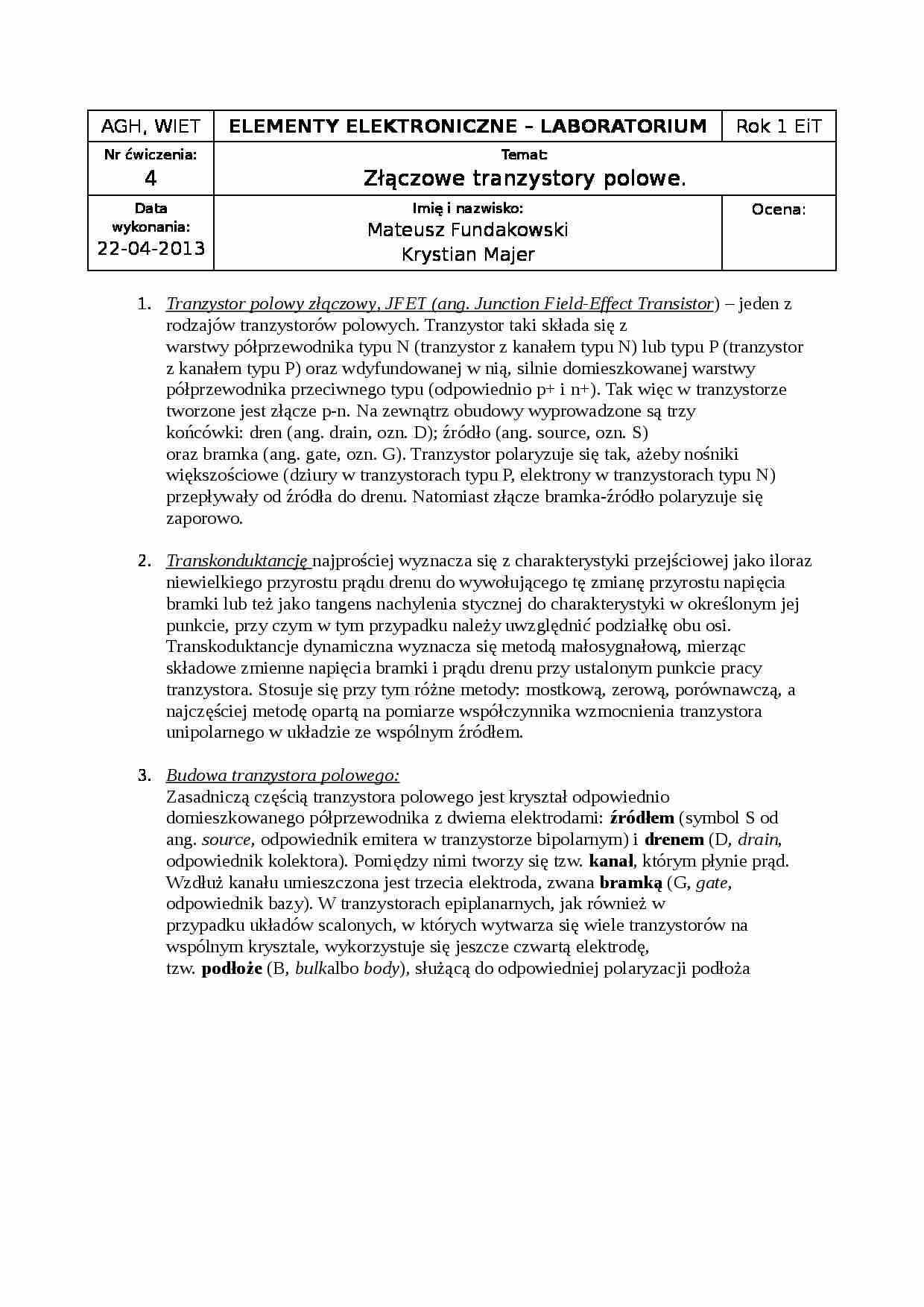 Złączowe tranzystory polowe - strona 1