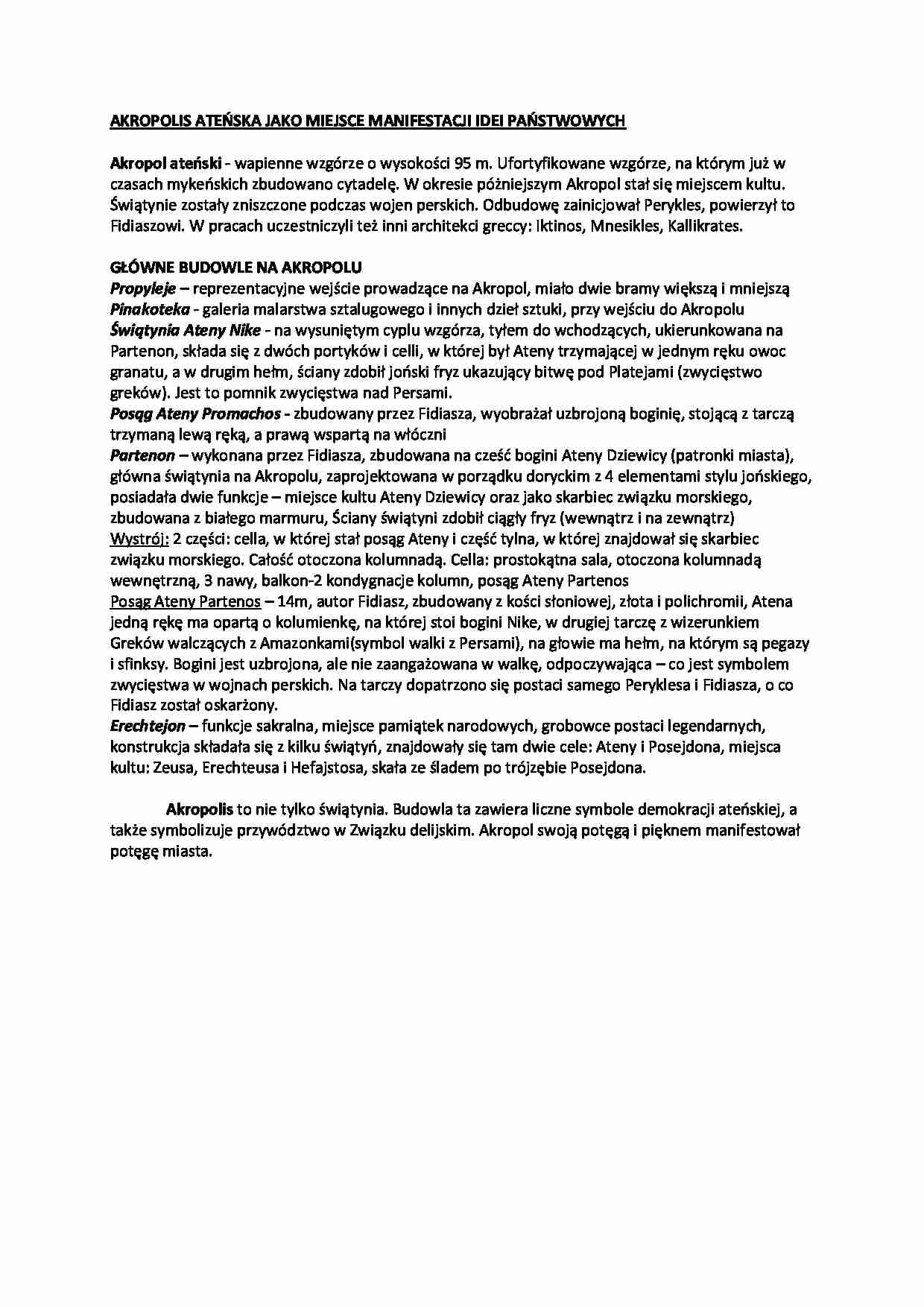 Akropolis Ateński jako miejsce manifestacji idei państwowych- Wyklad - strona 1