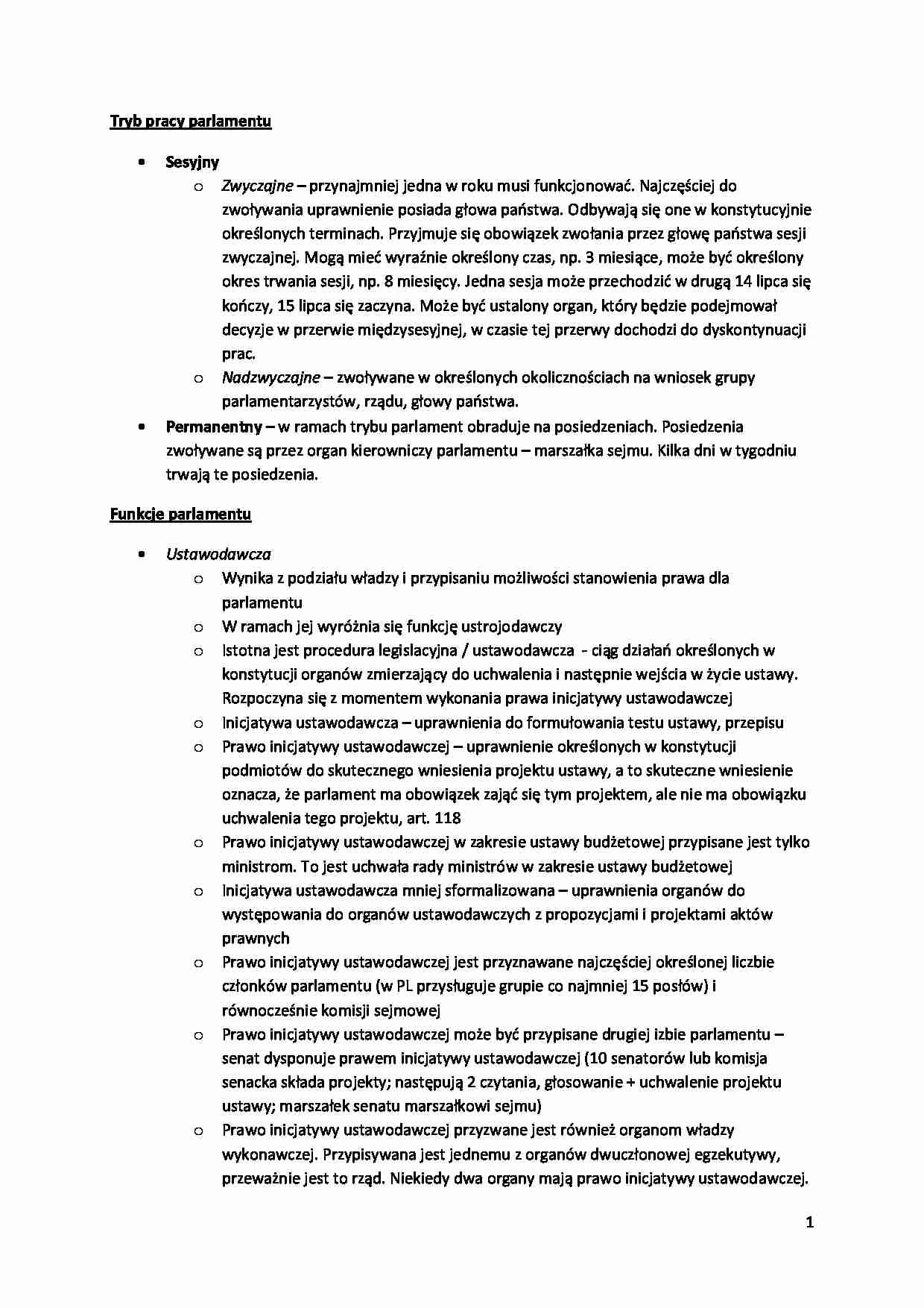 Tryb pracy parlamentu- Wykład - strona 1