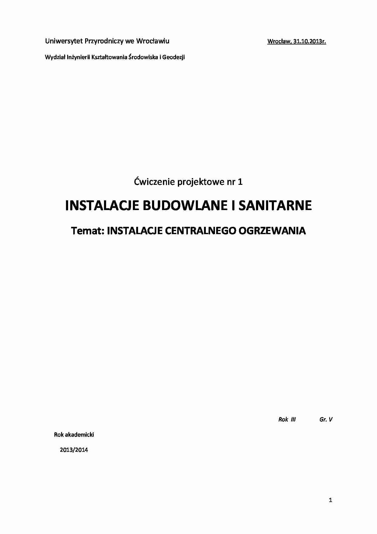 Projekt instalacji centralnego ogrzewania - część obliczeniowa - strona 1
