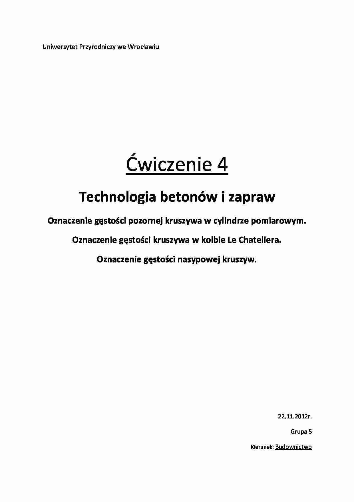 Technologia betonów i zapraw - ćwiczenie 4 - strona 1