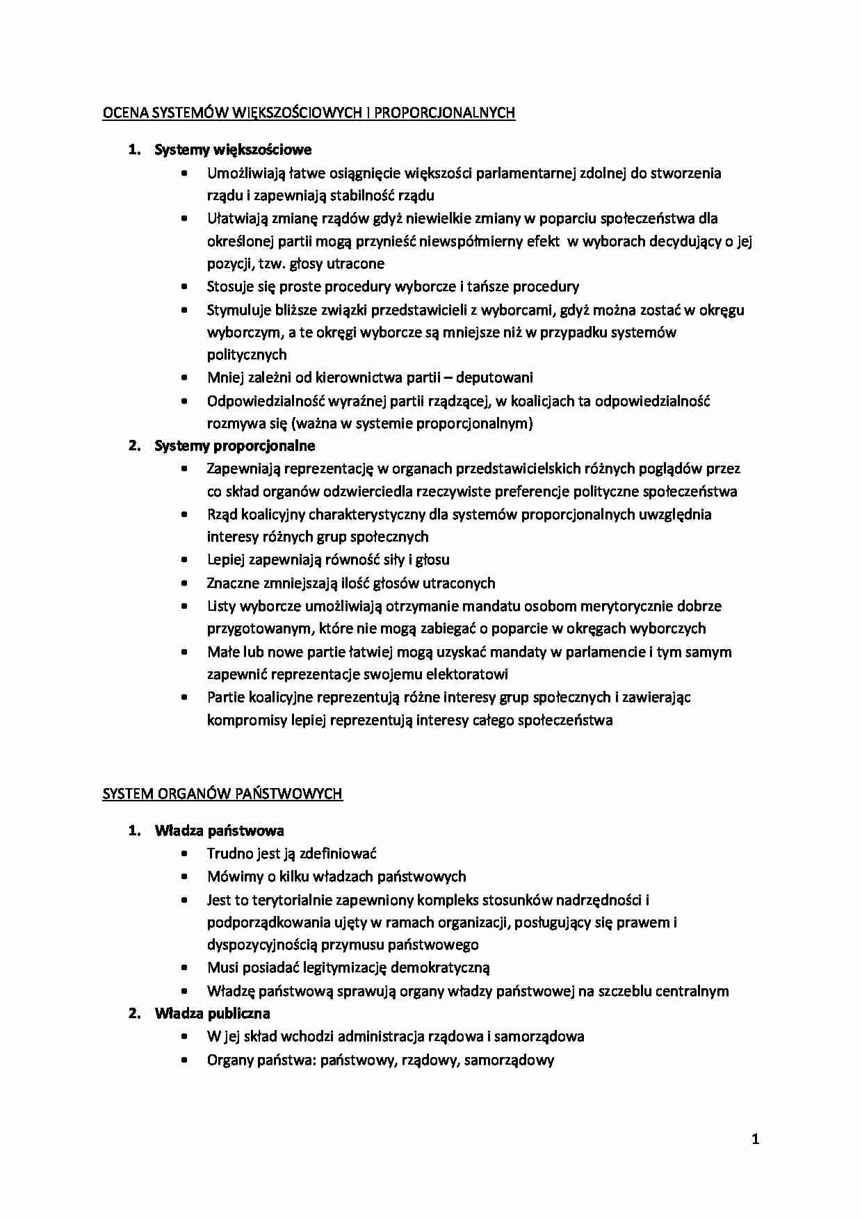 OCENA SYSTEMÓW WIĘKSZOŚCIOWYCH I PROPORCJONALNYCH- Wykład - strona 1
