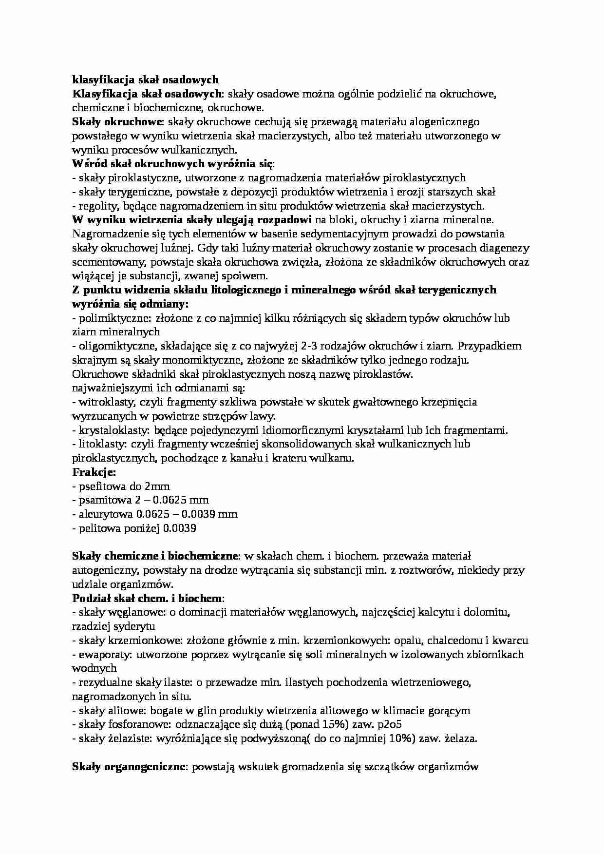 Klasyfikacja skał osadowych - notatki z lekcji geologii - strona 1