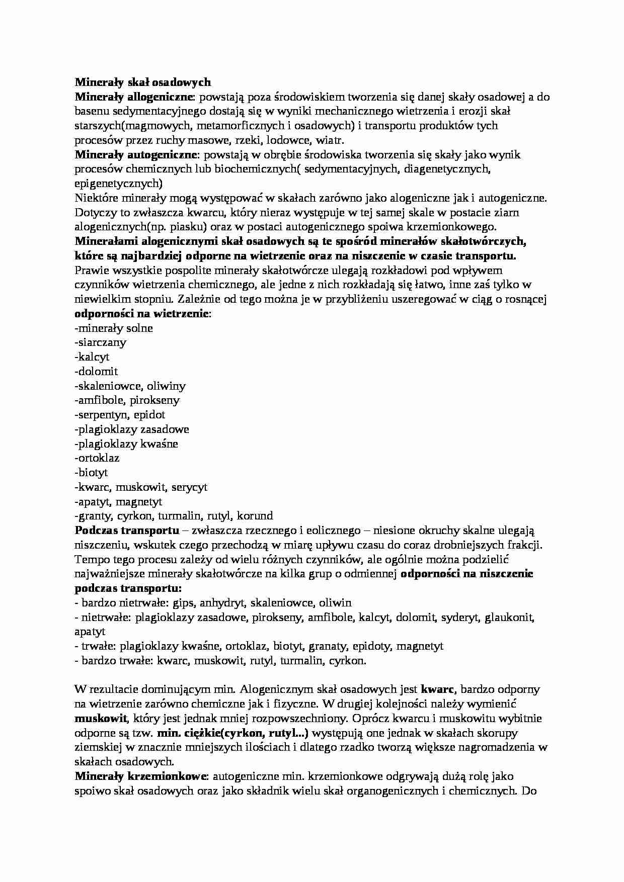 Minerały występujące w skałach osadowych - notatki z lekcji geologii - strona 1
