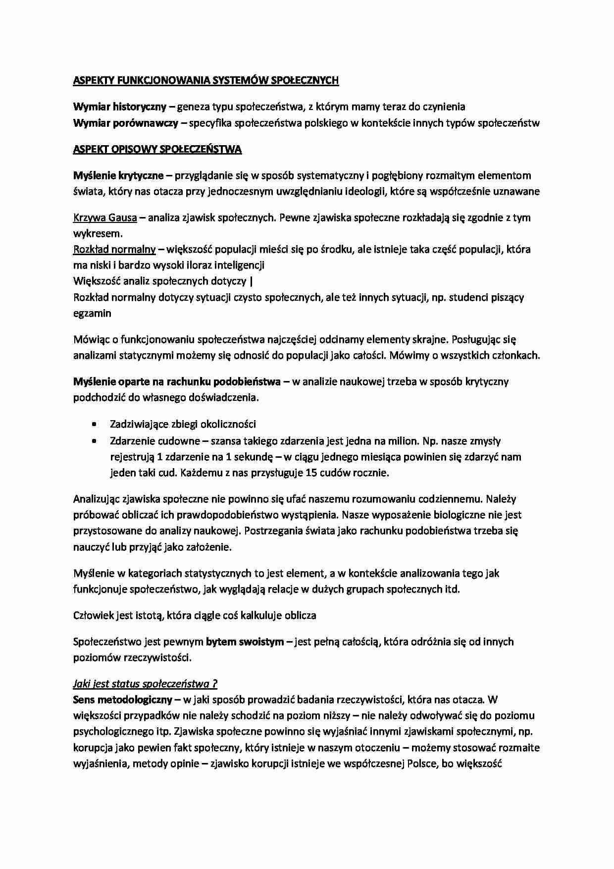 ASPEKTY FUNKCJONOWANIA SYSTEMÓW SPOŁECZNYCH- Wykład. - strona 1