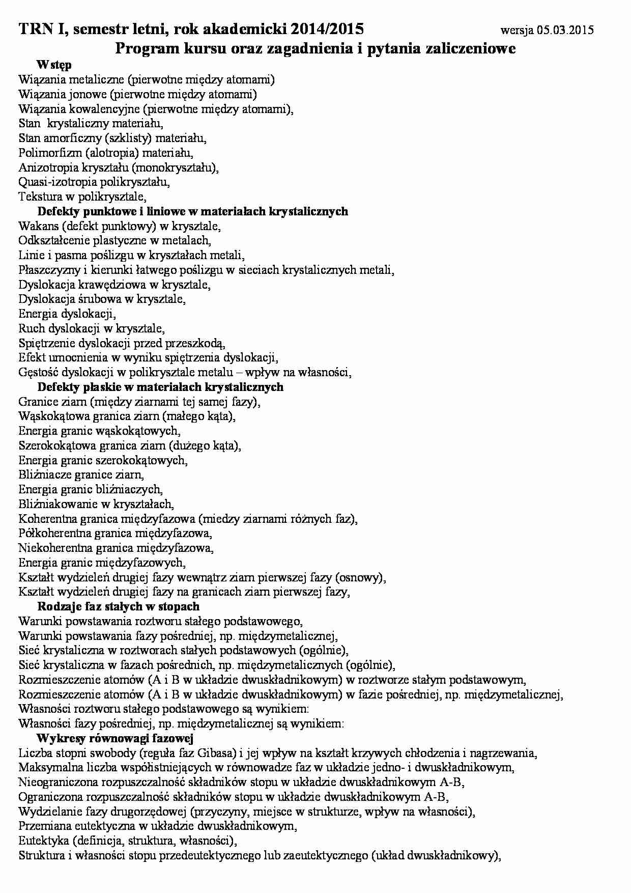 Program kursu oraz zagadnienia i pytania zaliczeniowe - strona 1