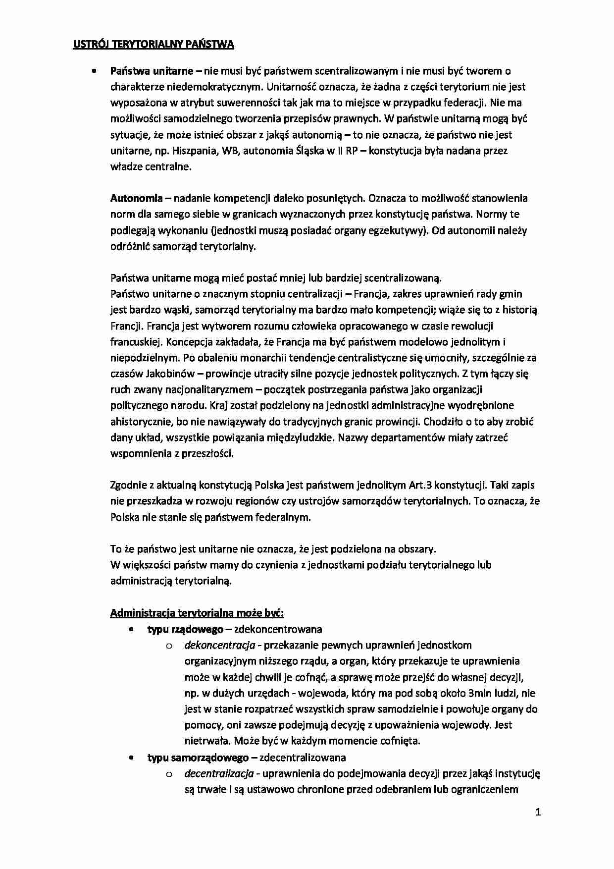 Ustrój terytorialny państwa- Wykład. - strona 1