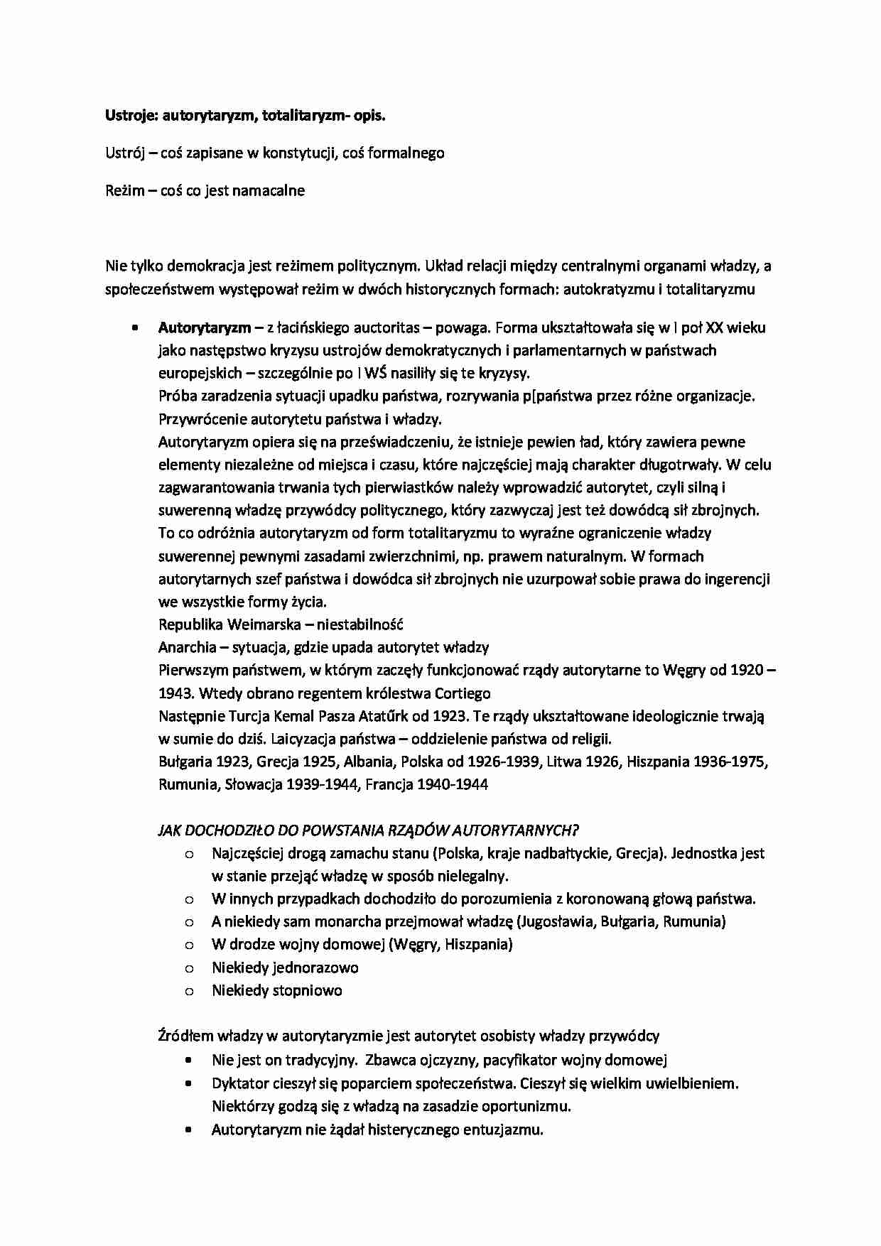 Ustroje: autorytaryzm i totalitaryzm- Opis.- Wykład. - strona 1